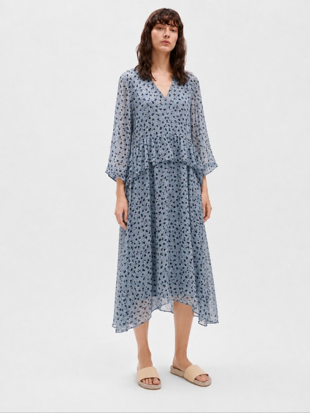 Light Blue Floral Midi Dress with Flutter Sleeves